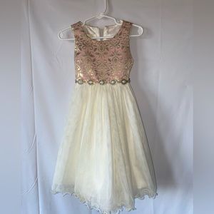 Cream, Gold and Pink Girl’s dress with pearls and Rhinestone accessories